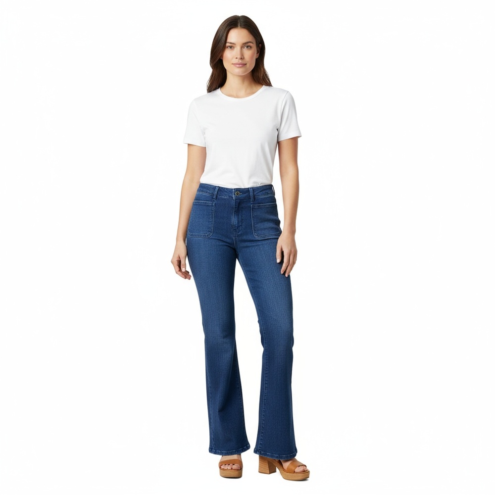 Ann Taylor Jeans Womens Blue Denim Flare Leg High Waisted Front Patch Pockets 6p